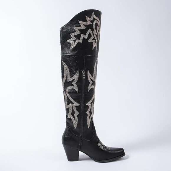 ⚡Women’s Black Knee Western Cowboy Boots Square Toe PU Leather Embroidered - Picture 6 of 8